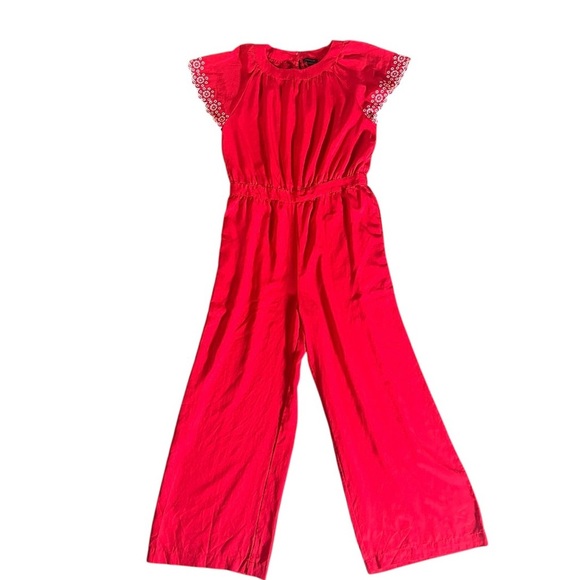Ann Taylor Scarlet Red Scallop Sleeved Jumpsuit White Embroidery 100% Lyocell - Picture 1 of 9